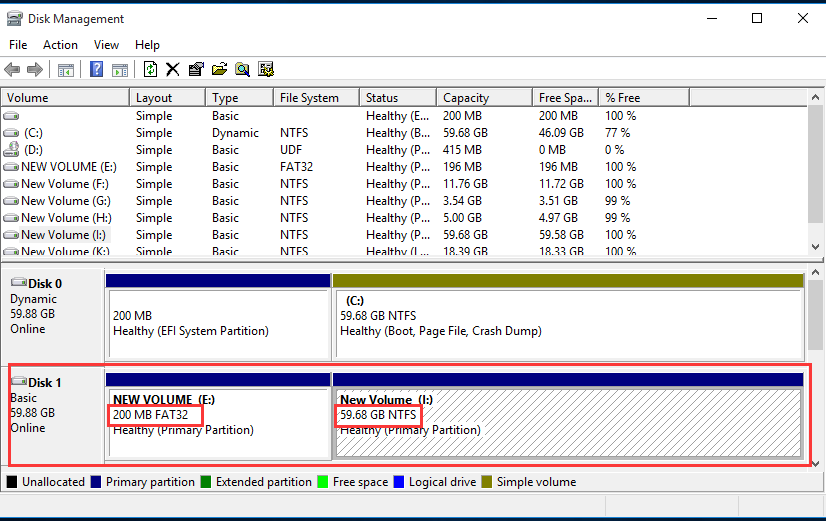 Create a FAT32 partition for MBR disk