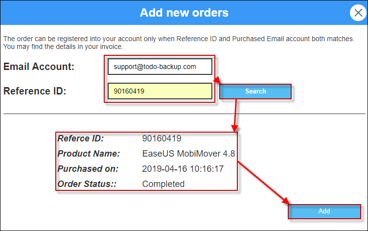 Search order information and add it to your account