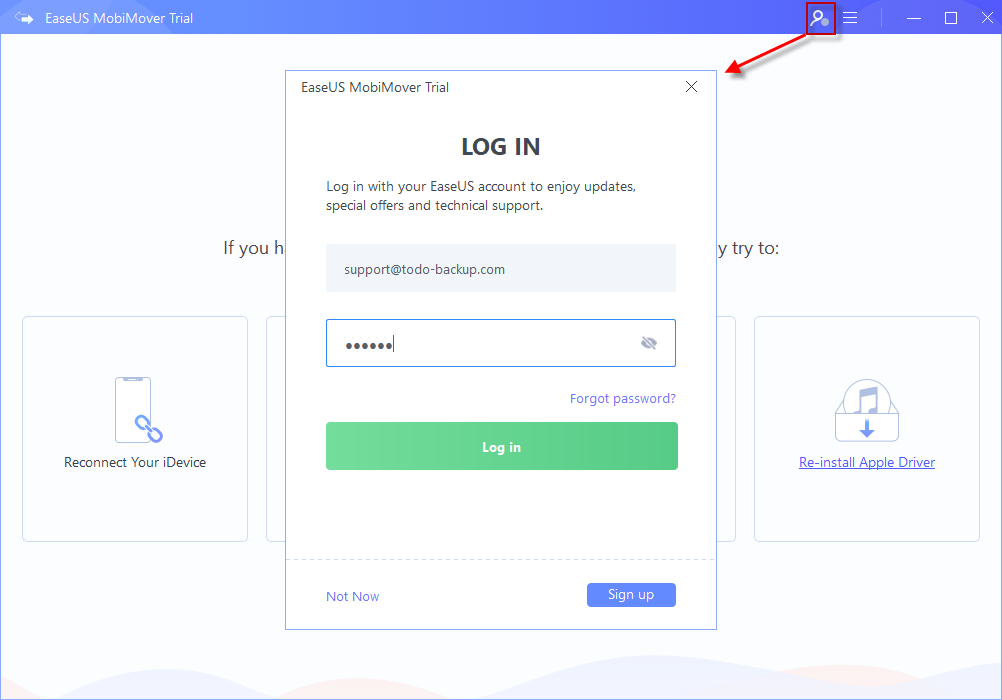Log in your EaseUS account on MobiMover