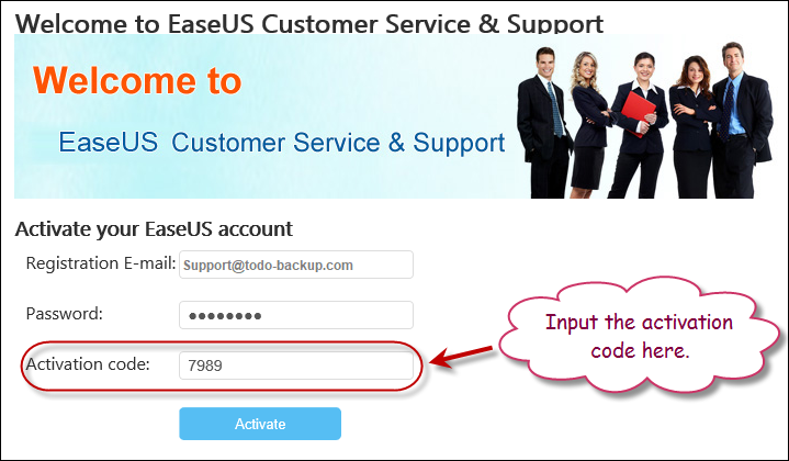 Input activation code to activate your account