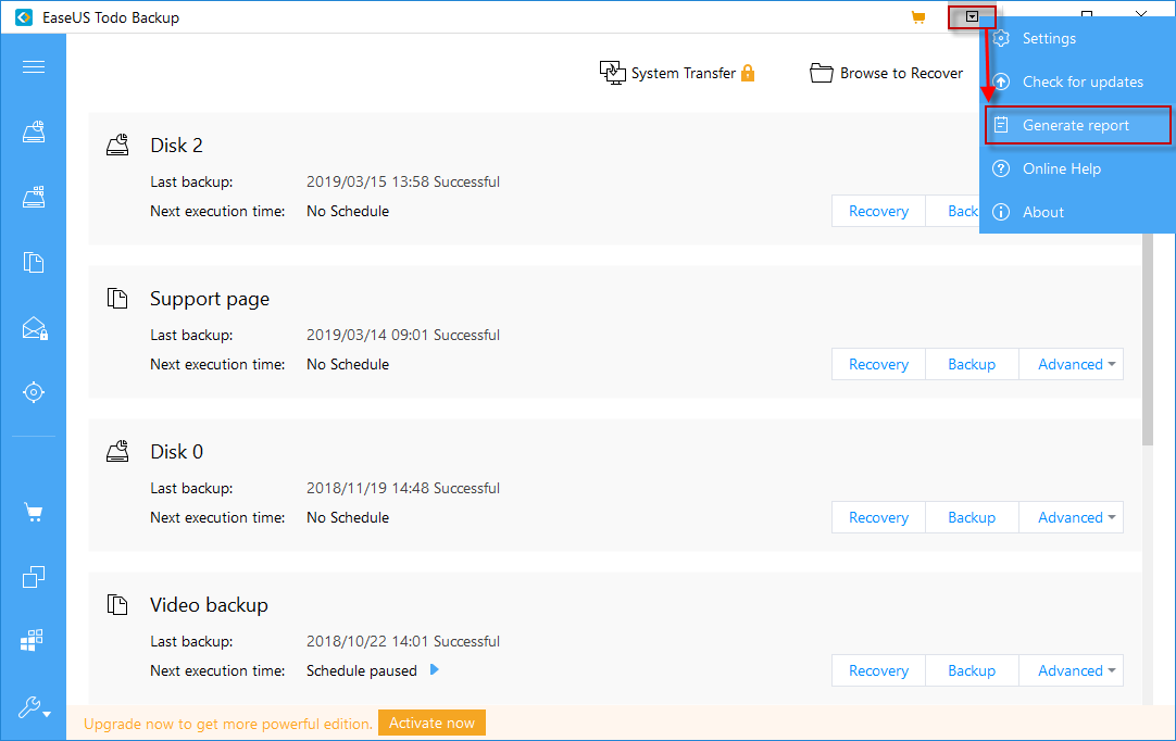 Generate report for EaseUS Todo Backup