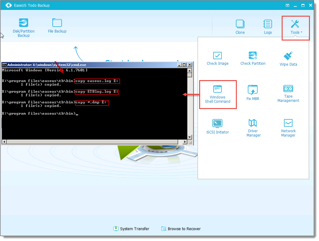 在Windows shell命令行中使用COPY命令捕获文件