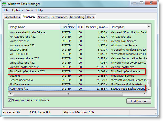 关闭Windows任务管理器中的两个进程todobackupservice .exe和Agent.exe