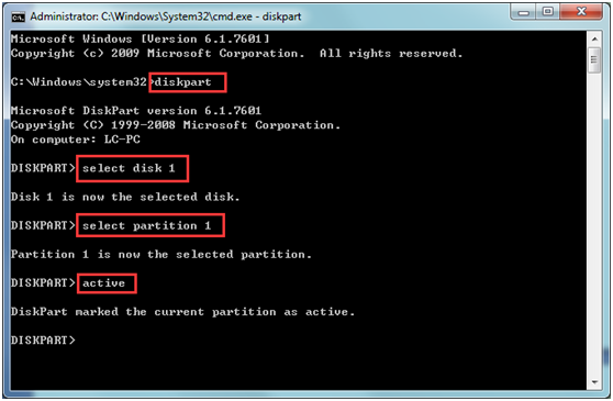 Set partition C as an active partition